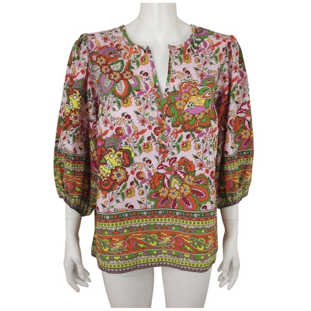 NWT Gibson & Latimer Pink Floral Boho Blouse Linen Size L Puff Sleeve Cottage